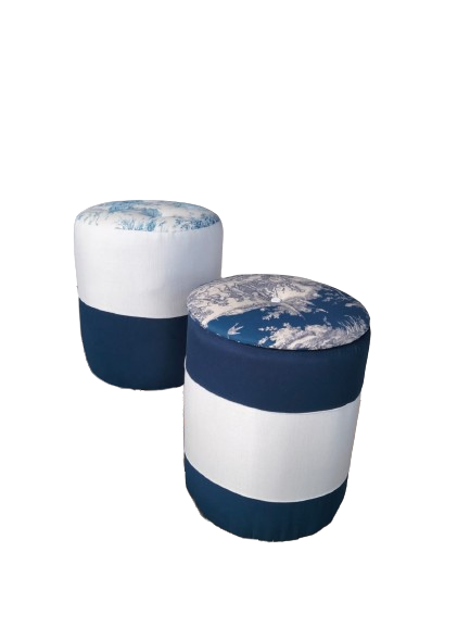 Pouf rond de rangement en toile de Jouy