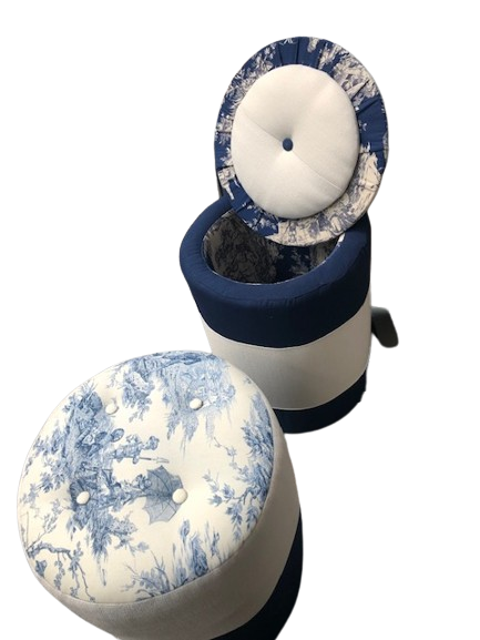 Pouf rond de rangement en toile de Jouy