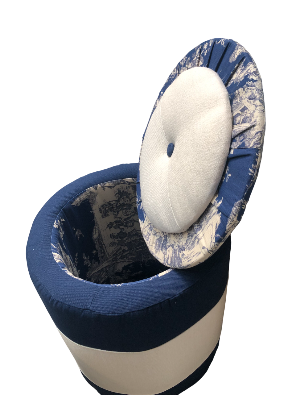 Pouf rond de rangement en toile de Jouy